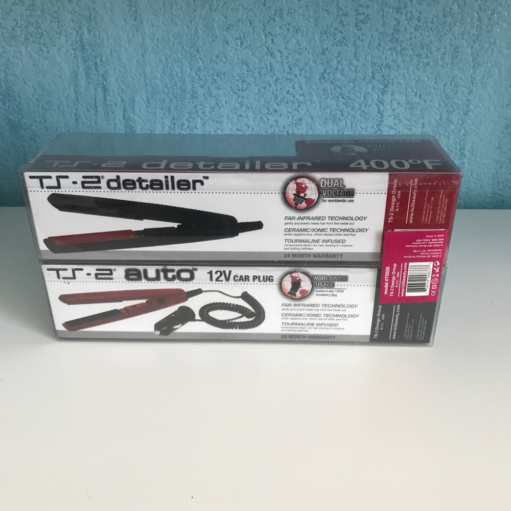 Brand new miniature flat irons - set of 2. Can plug in the car.